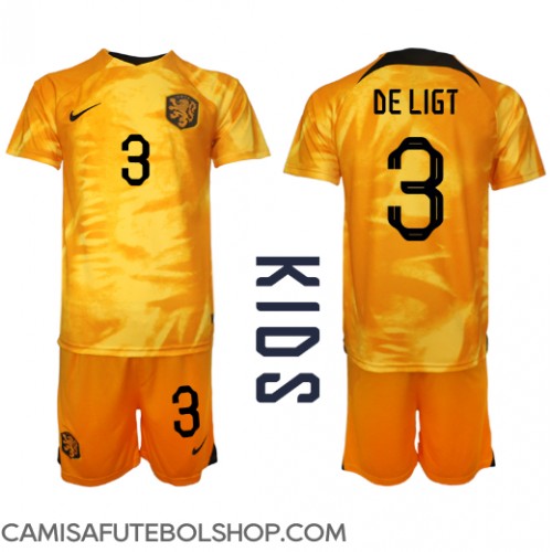 Camisa de time de futebol Holanda Matthijs de Ligt #3 Replicas 1º Equipamento Infantil Mundo 2022 Manga Curta (+ Calças curtas)
